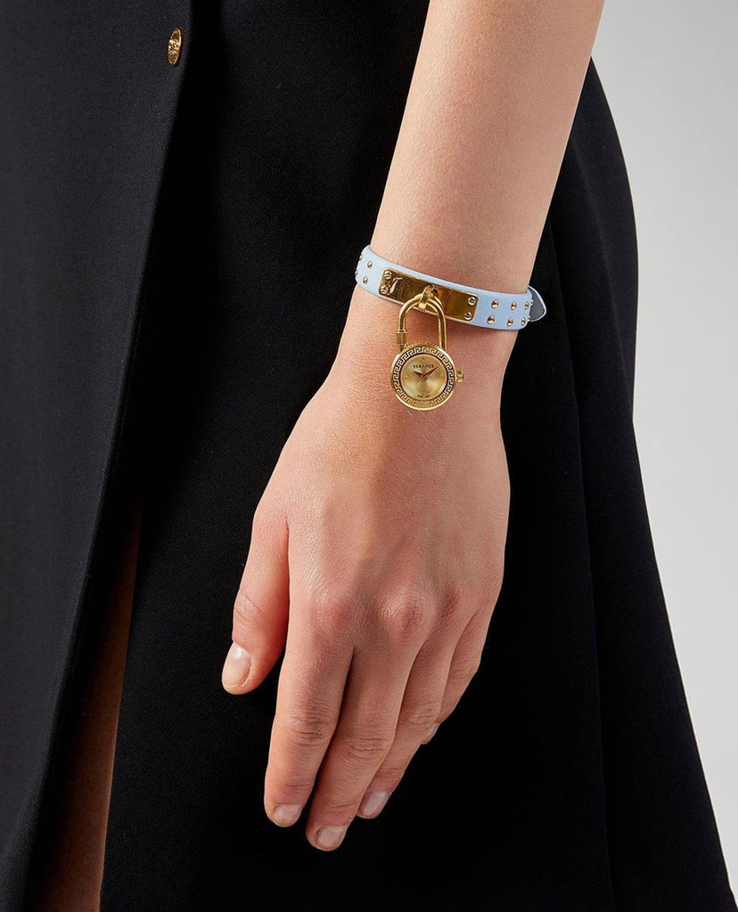 Versace Medusa Lock Icon Quartz Gold Dial Pink & Blue Leather Strap Watch For Women - VEDW00219 Buy Now By Versace