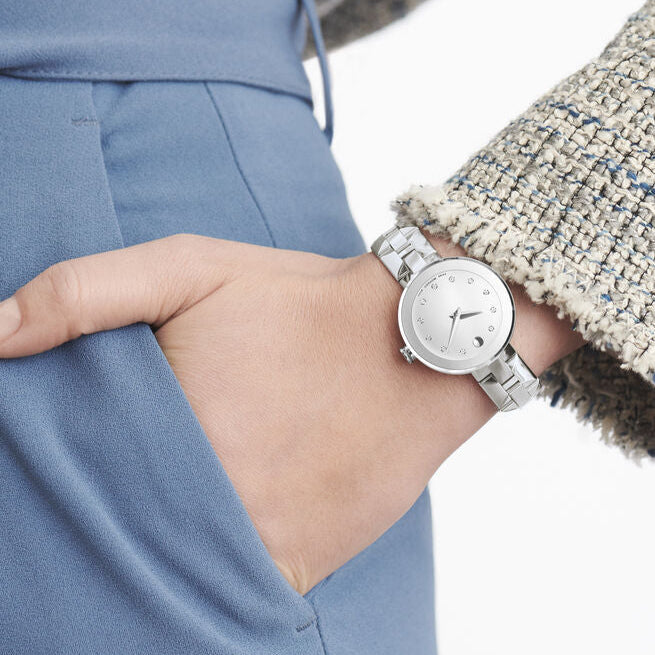 Movado Sapphire Diamonds Silver Dial Silver Steel Strap Watch For Women - 606814 Buy Now By Movado