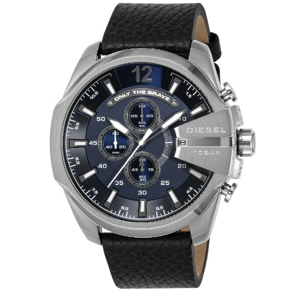 Diesel Mega Chief Chronograph Blue Dial Black Leather Strap Watch For Men - DZ4423 Buy Now By Diesel
