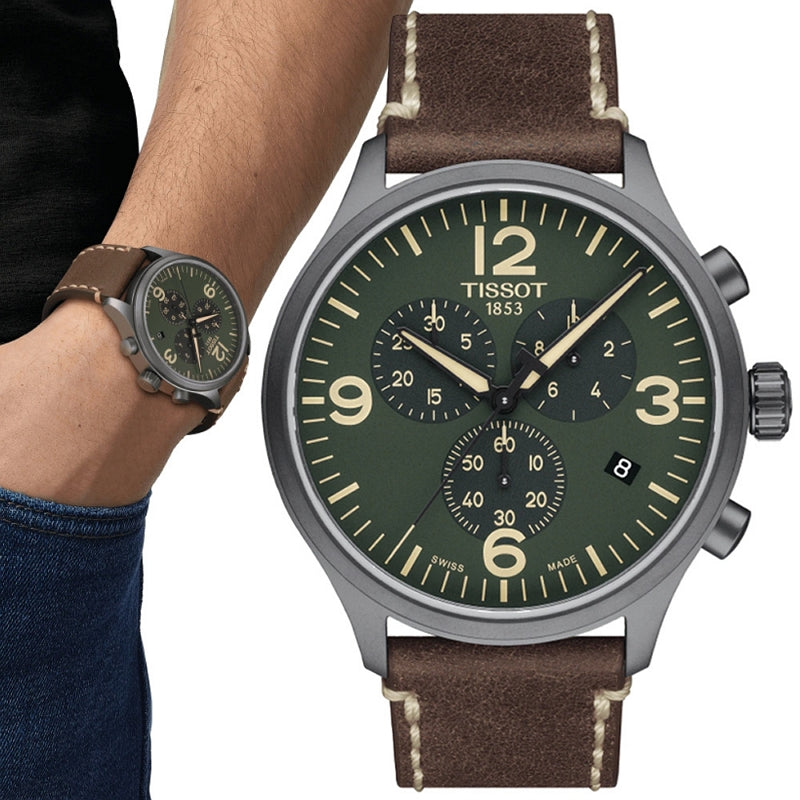 Tissot T Sport Chrono XL Green Dial Brown Leather Strap Watch For Men - T116.617.36.097.00 Buy Now By Tissot