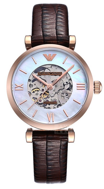 Emporio Armani Meccanico Skeleton Mother of Pearl Dial Brown Leather Strap Watch For Women - AR1993 Buy Now By Emporio Armani