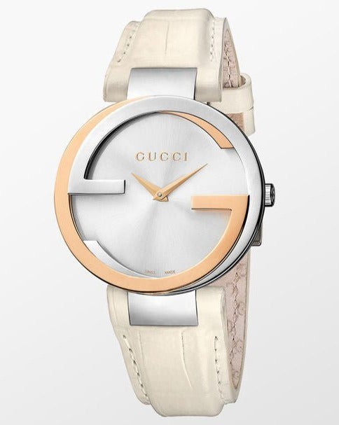 Gucci Interlocking 18K Gold Silver Dial White Leather Strap Watch For Women - YA133303 Buy Now By Gucci