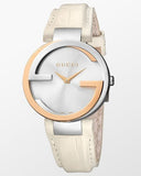 Gucci Interlocking 18K Gold Silver Dial White Leather Strap Watch For Women - YA133303 Buy Now By Gucci