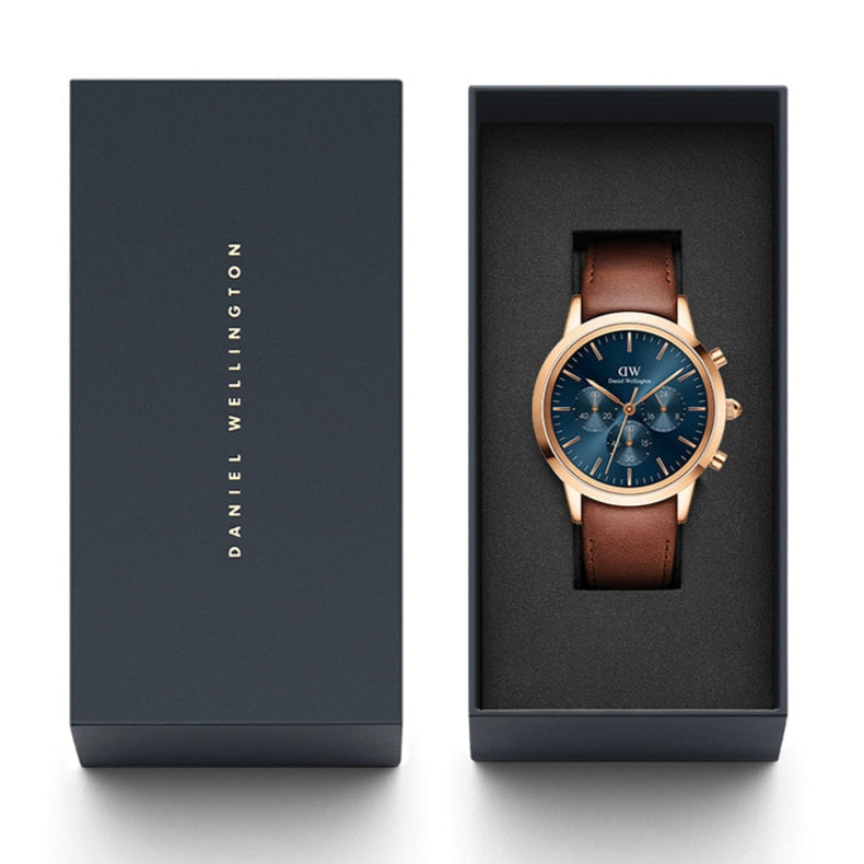 Daniel Wellington Iconic Chronograph Blue Dial Brown Leather Strap Watch For Men - DW00100639 Buy Now By Daniel Wellington