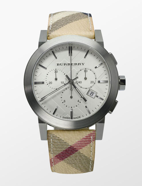 Burberry The City Chronograph White Dial Haymarket Leather Strap Watch For Men - BU9360 Buy Now By Burberry