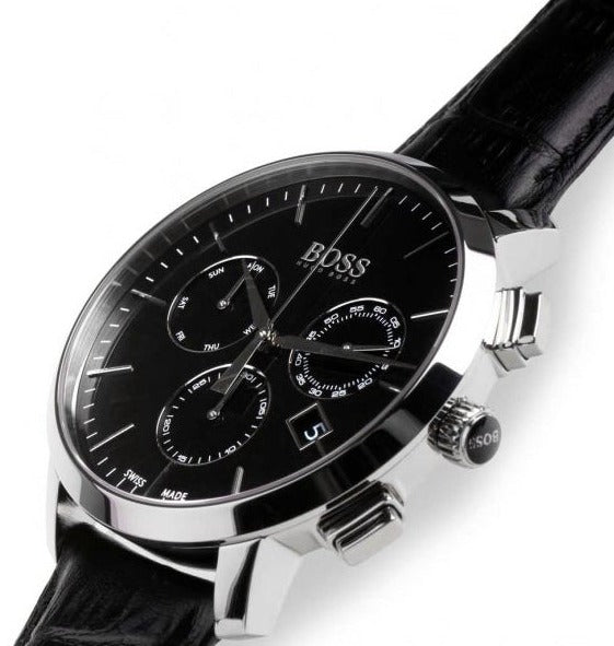 Hugo Boss Chronograph Black Dial Black Leather Strap Watch For Men - 1513266 Buy Now By Hugo Boss