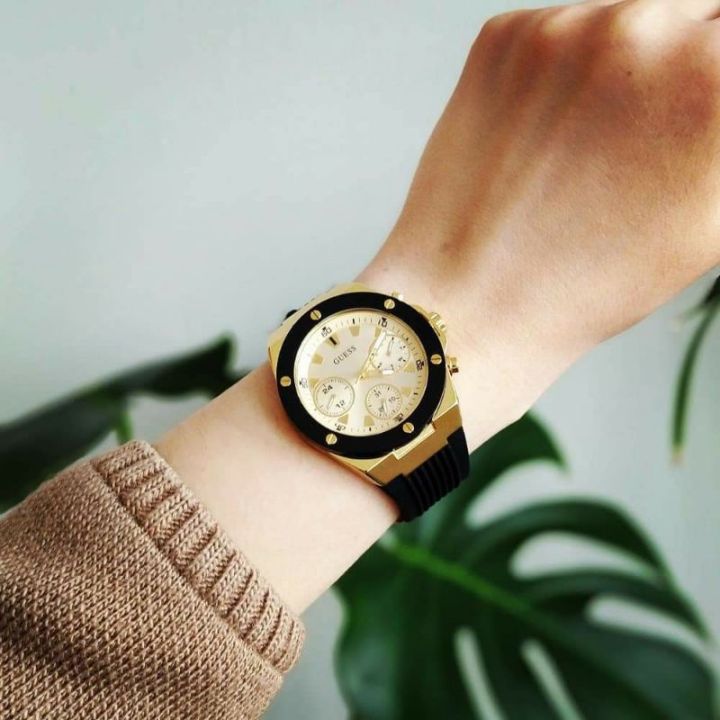 Guess Athena Gold Dial Black Rubber Strap Watch For Women - GW0030L2 Buy Now By Guess