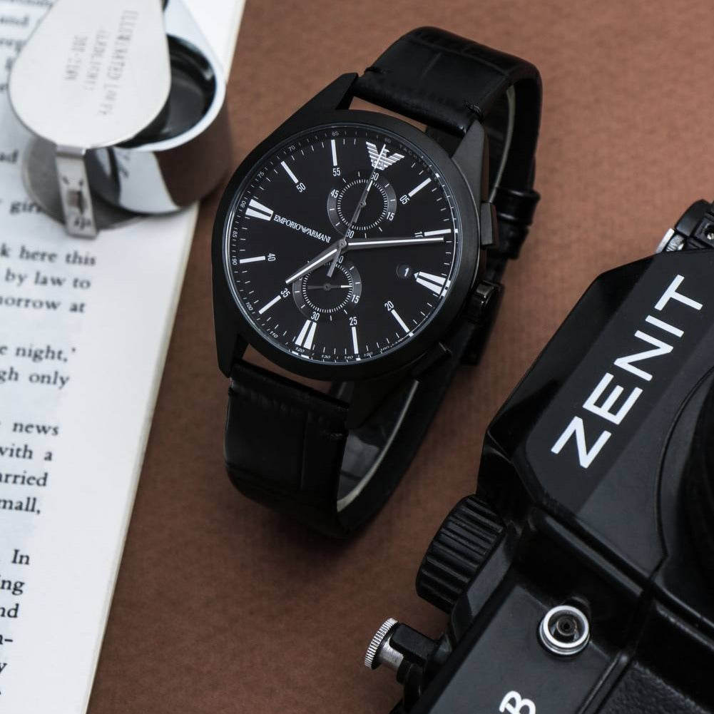 Emporio Armani Claudio Chronograph Black Dial Black Leather Strap Watch For Men - AR11483 Buy Now By Emporio Armani