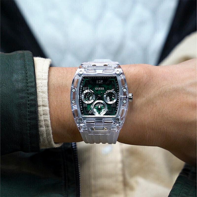 Guess Phoenix Quartz Green Dial Transparent Silicone Strap Watch For Men - GW0499G8 Buy Now By Guess