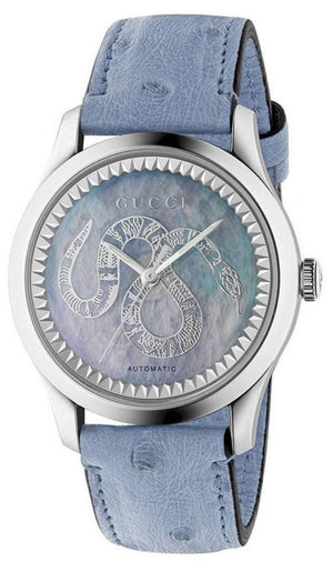 Gucci G Timeless Automatic Mother of Pearl Dial Blue Leather Strap Watch For Women - YA1264113 Buy Now By Gucci