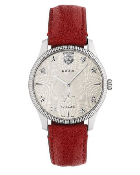 Gucci G Timeless Automatic Silver Dial Red Leather Strap Watch For Men - YA126346 Buy Now By Gucci