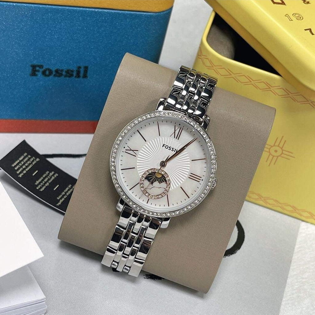 Fossil Jacqueline Multifunction Moonphase White Dial Silver Steel Strap Watch for Women - ES5164