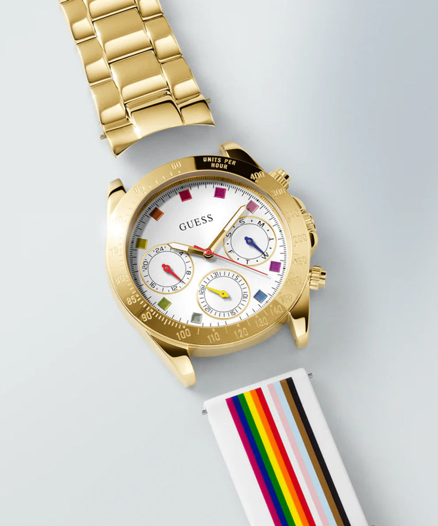 Guess Exclusive Multi Color White Dial Gold Steel Strap Watch for Women - GW0457L1 Buy Now By Guess