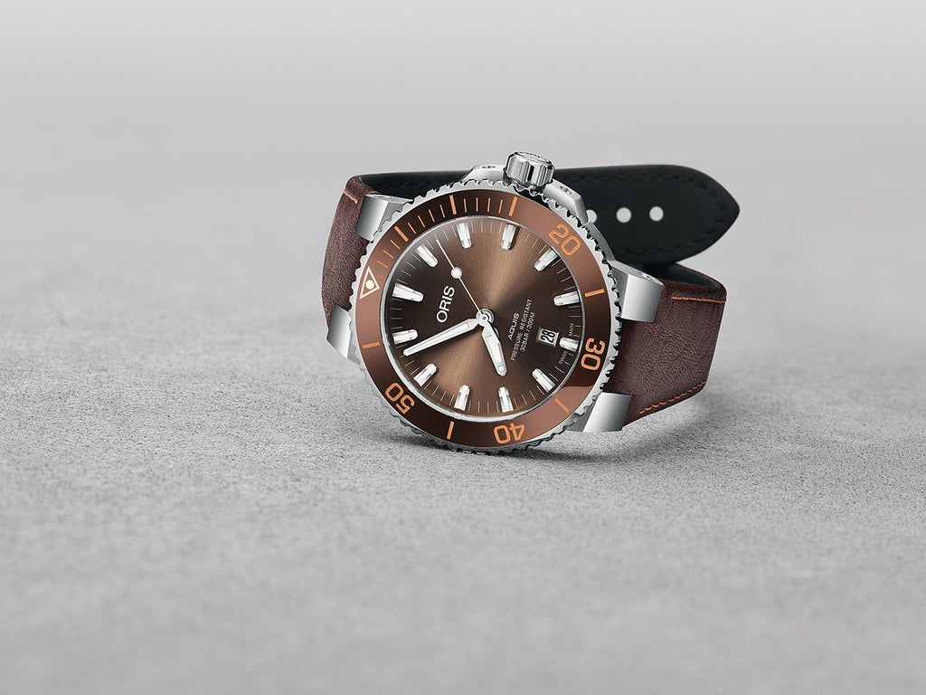 Oris Aquis Date Brown Dial Brown Leather Strap Watch for Men - 0173377304152-0752412EB Buy Now By Oris