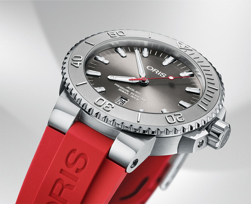 Oris Aquis Date Relief Grey Dial Red Rubber Strap Watch for Men - 0173377304153-0742466EB Buy Now By Oris