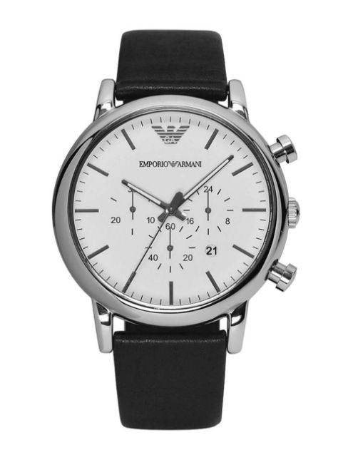 Emporio Armani Classic Quartz Chronograph White Dial Black Leather Strap Watch For Men - AR1807 Buy Now By Emporio Armani