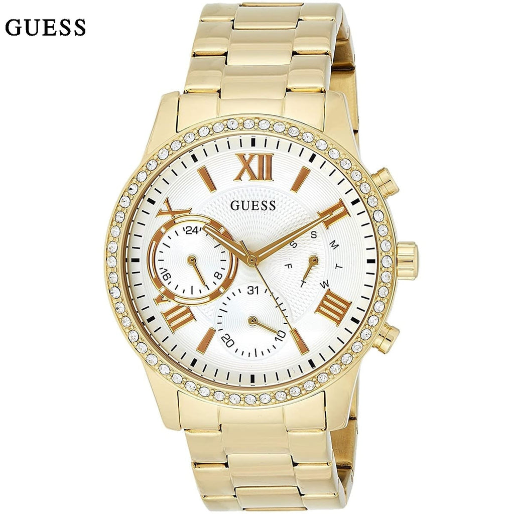 Guess Solar Chronograph Diamonds White Dial Gold Steel Strap Watch for Women - W1069L2 Buy Now By Guess