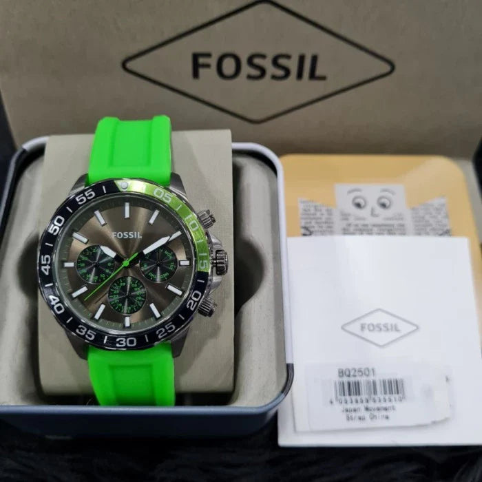 Fossil Bannon Chronograph Grey Dial Green Silicone Strap Watch for Men - BQ2501 Buy Now By Fossil