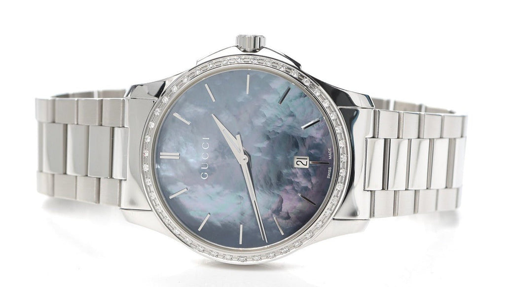 Gucci G Timeless Diamonds Mother of Pearl Blue Dial Silver Steel Strap Unisex Watch - YA126458 Buy Now By Gucci