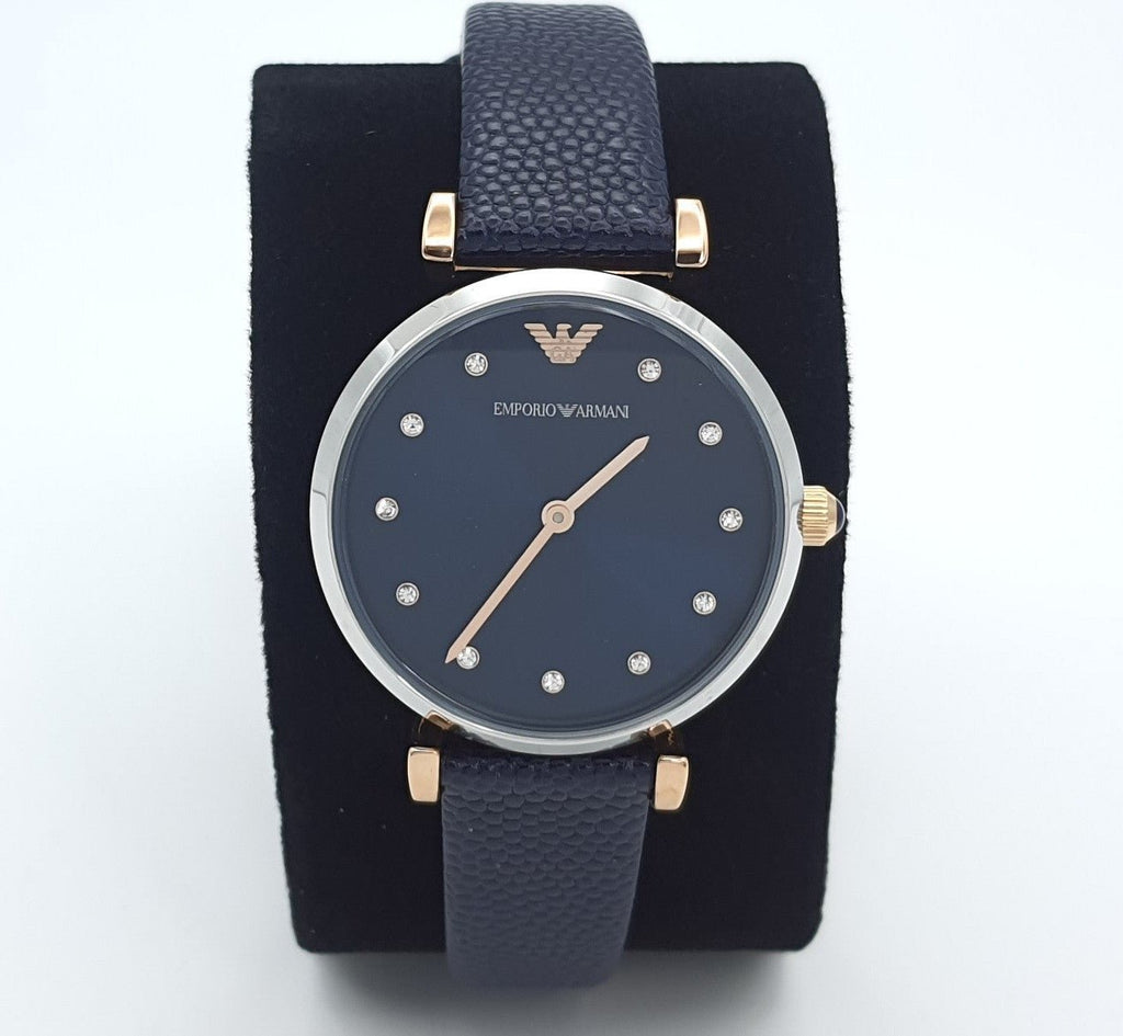 Emporio Armani Gianni T Bar Analog Blue Dial Black Leather Strap Watch For Women - AR1989 Buy Now By Emporio Armani