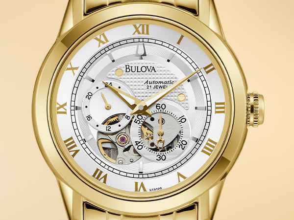 Bulova BVA Skeleton Silver Dial Gold Steel Strap Watch for Men - 97A108 Buy Now By Bulova