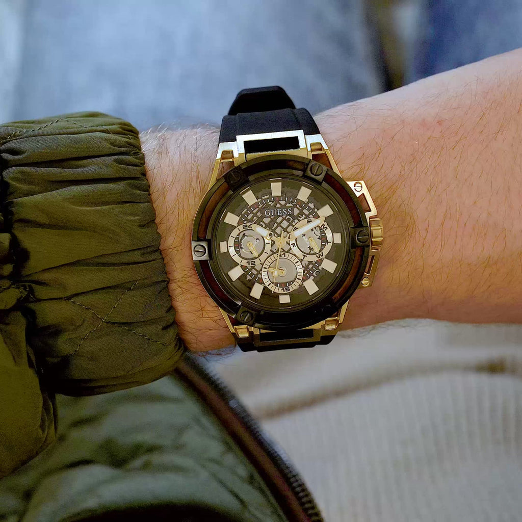 Guess Matrix Multifunction Gold Dial Black Rubber Strap Watch For Men - GW0423G2 Buy Now By Guess