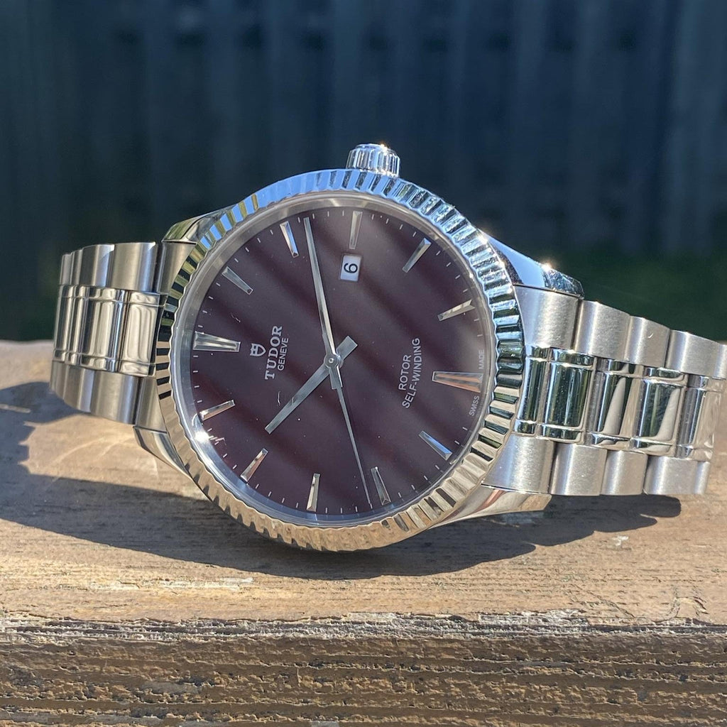 Tudor Style Automatic Burgundy Red Dial Silver Steel Strap Watch for Men - M12710-0015 Buy Now By Tudor