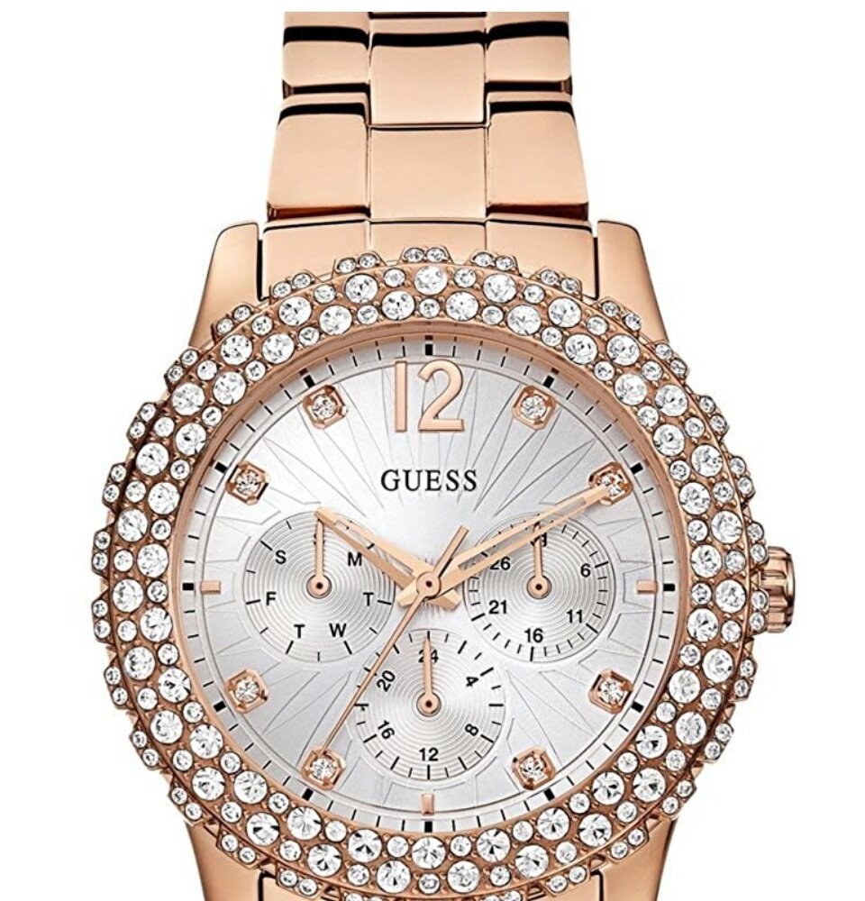Guess Dazzler Diamonds Silver Dial Rose Gold Steel Strap Watch for Women - W0335L3 Buy Now By Guess
