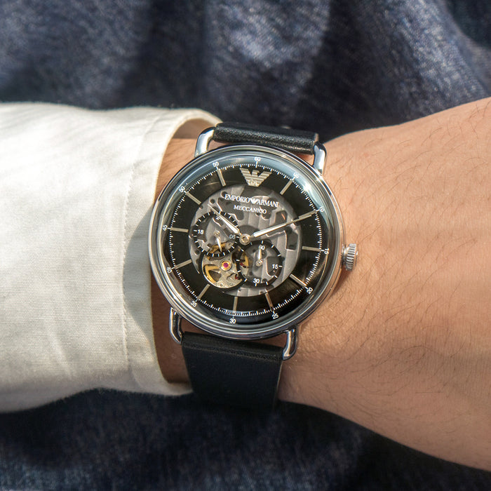 Emporio Armani Meccanico Skeleton Black Dial Black Leather Strap Watch For Men - AR60026 Buy Now By Emporio Armani
