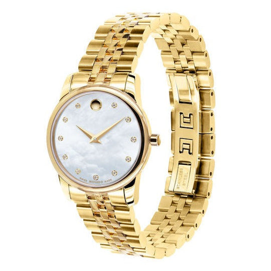 Movado Museum Classic Diamonds Mother of Pearl Dial Gold Steel Strap Watch For Women - 0606998 Buy Now By Movado