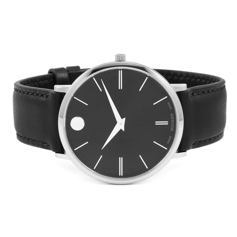 Movado Ultra Slim Black Dial Black Leather Strap Watch For Men - 0607086 Buy Now By Movado
