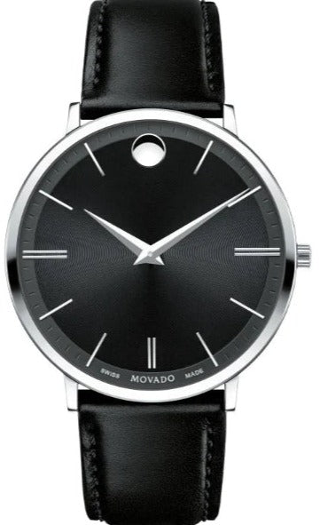 Movado Ultra Slim Black Dial Black Leather Strap Watch For Men - 0607086 Buy Now By Movado