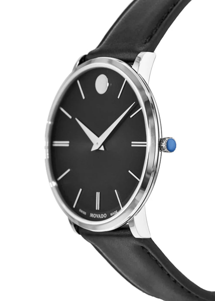 Movado Ultra Slim Black Dial Black Leather Strap Watch For Men - 0607086 Buy Now By Movado