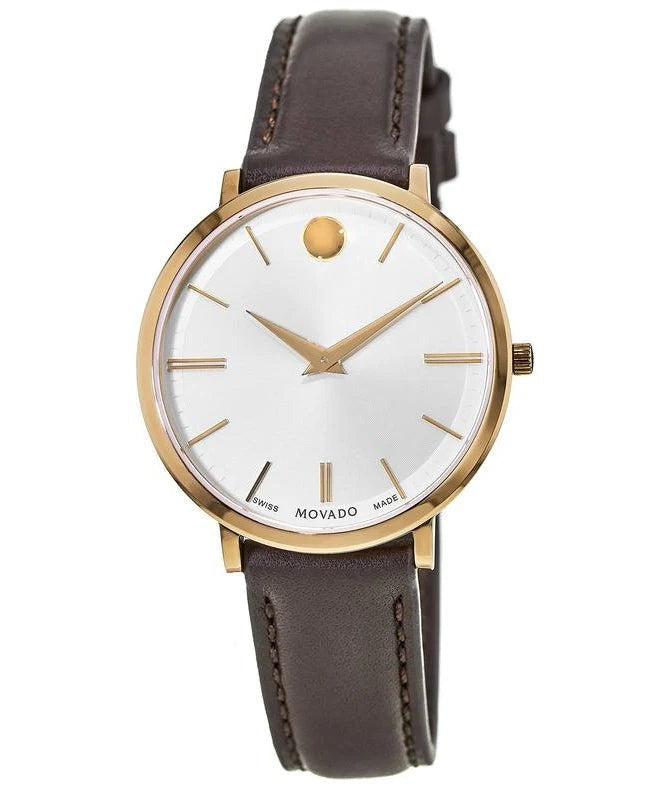 Movado Ultra Slim Silver Dial Brown Leather Strap Watch For Women - 0607093 Buy Now By Movado