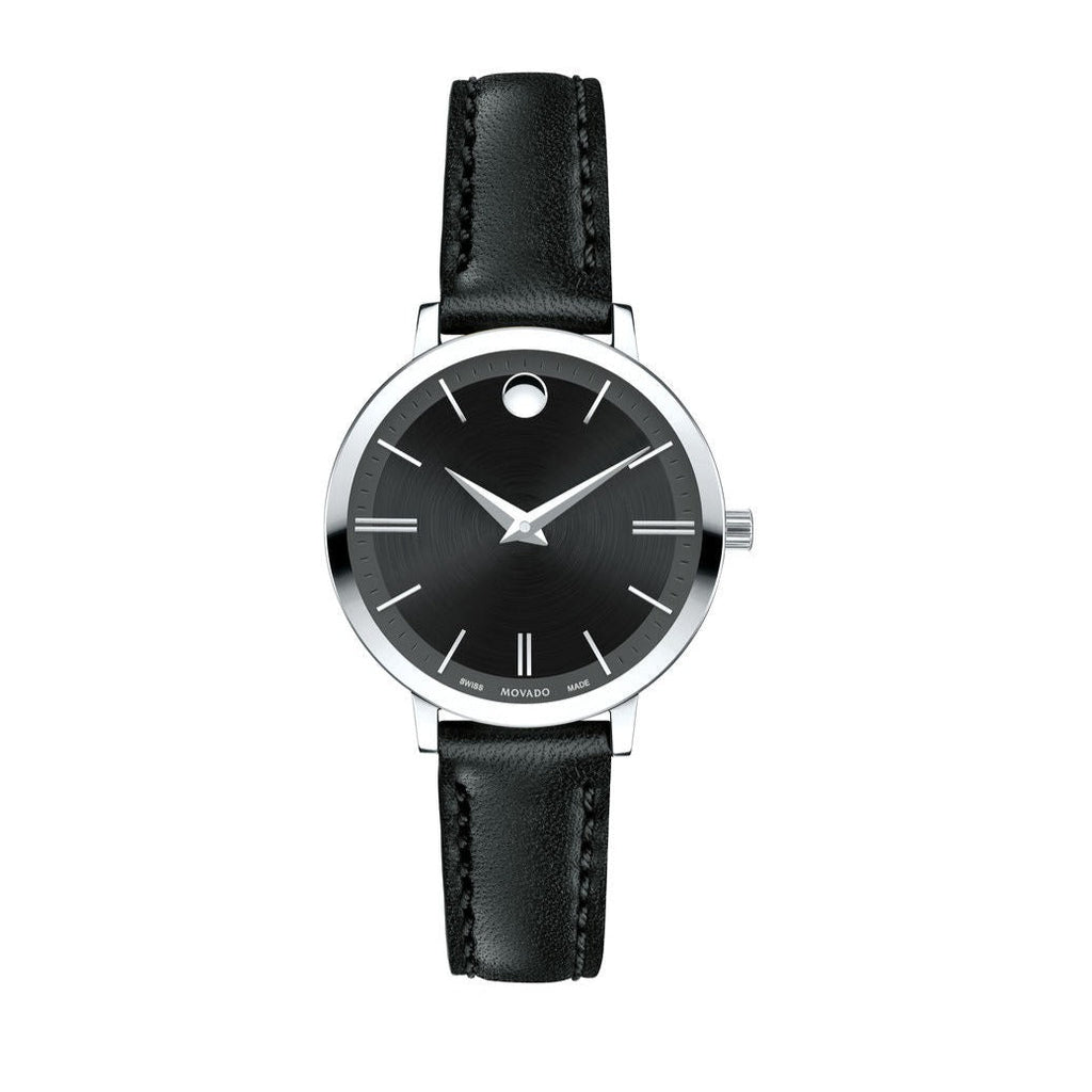 Movado Ultra Slim Black Dial Black Leather Strap Watch For Women - 0607094 Buy Now By Movado