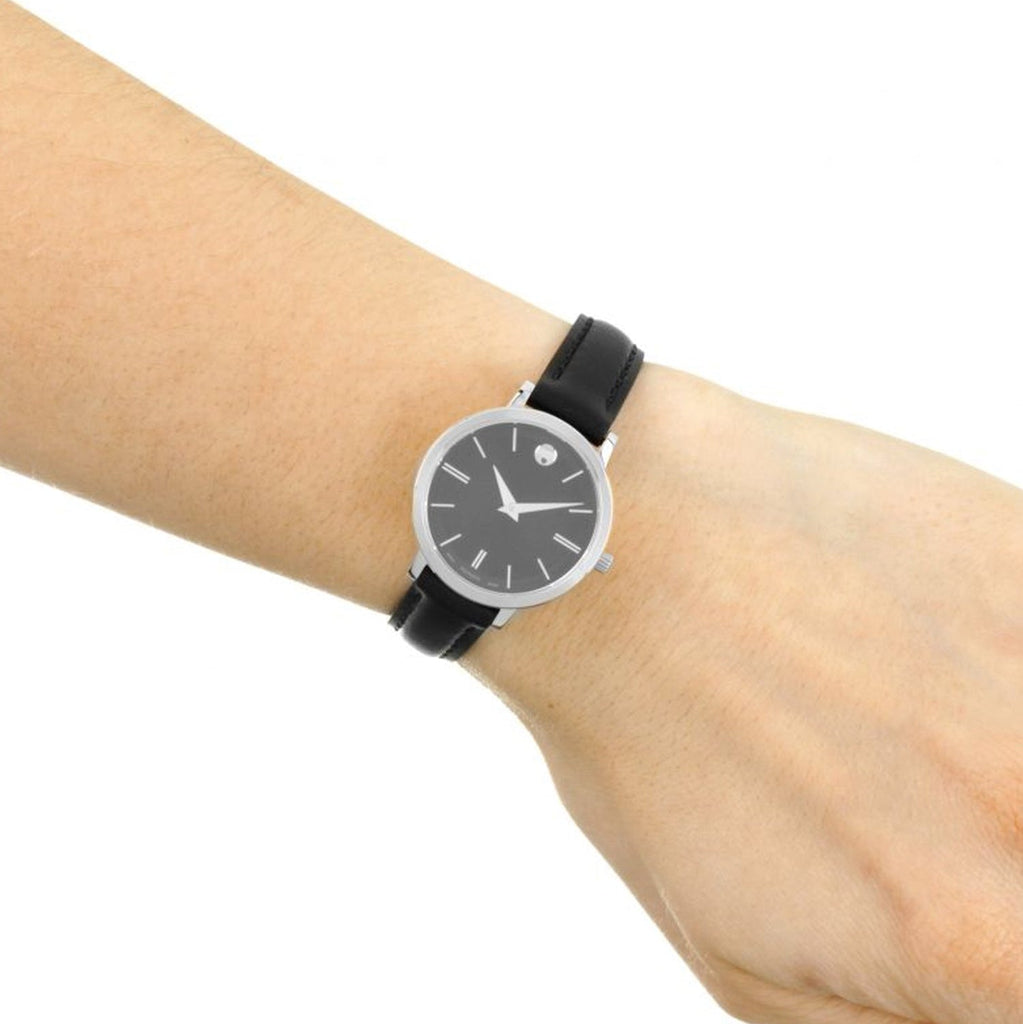 Movado Ultra Slim Black Dial Black Leather Strap Watch For Women - 0607094 Buy Now By Movado