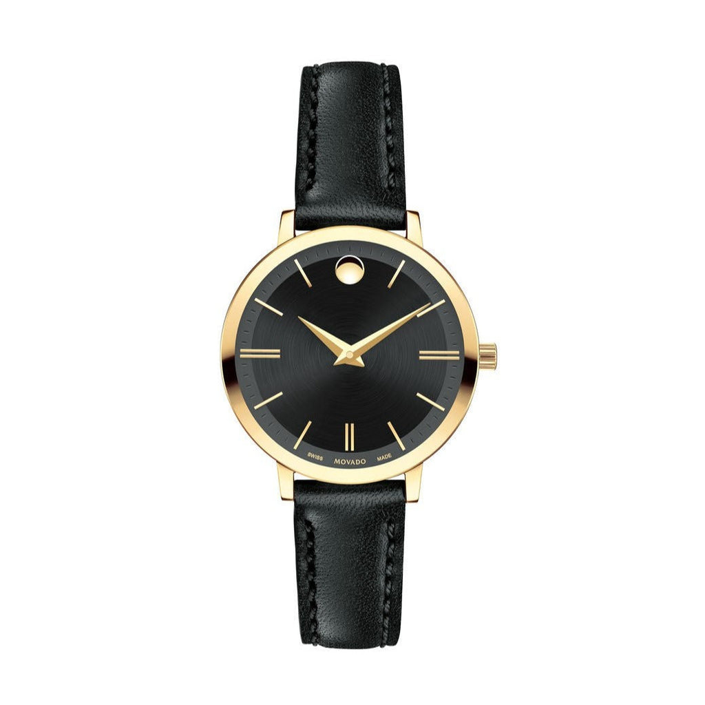 Movado Ultra Slim Black Dial Black Leather Strap Watch For Women - 0607095 Buy Now By Movado