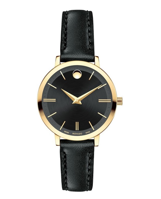 Movado Ultra Slim Black Dial Black Leather Strap Watch For Women - 0607095 Buy Now By Movado