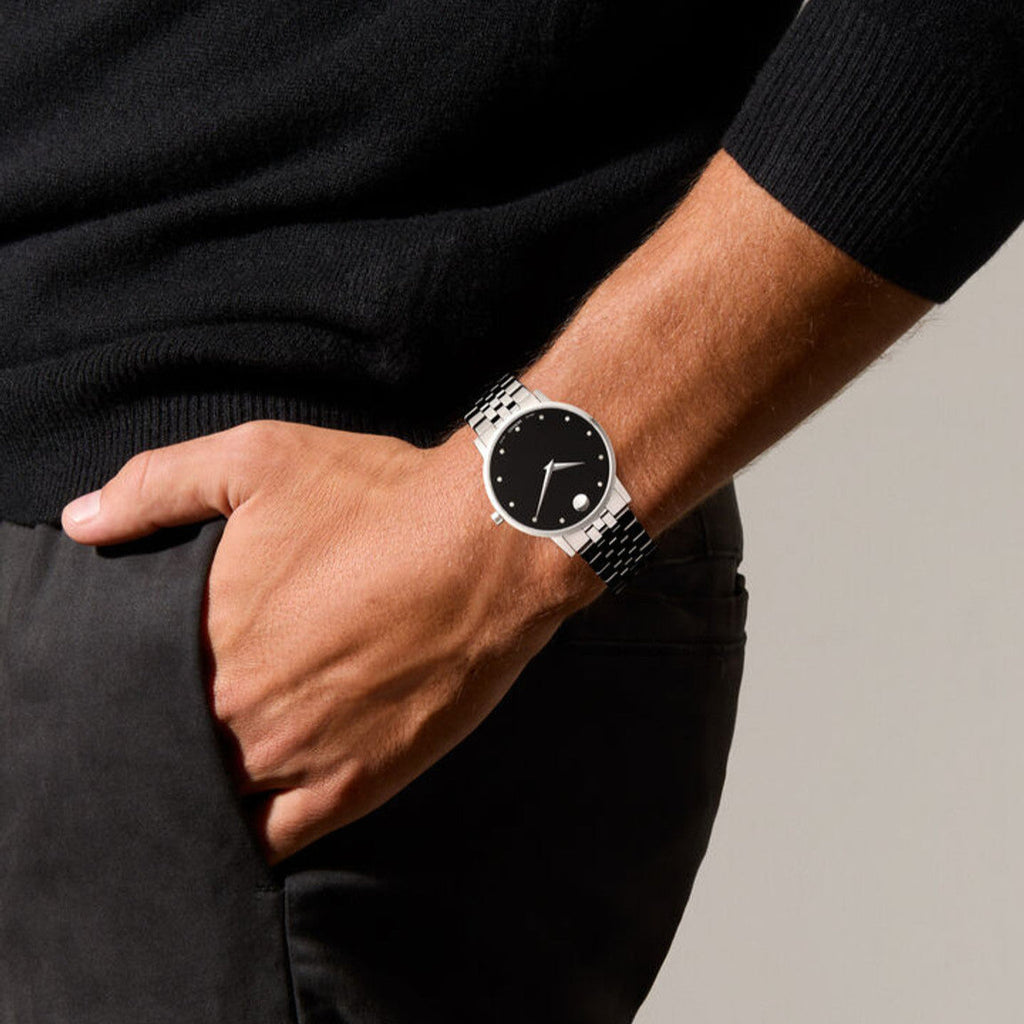 Movado Museum Classic Diamonds Black Dial Silver Steel Strap Watch for Men - 0607201 Buy Now By Movado