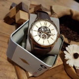 Fossil Flynn Mechanical Skeleton Beige Dial Brown Leather Strap Watch for Men - BQ2215 Buy Now By Fossil