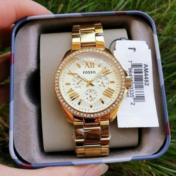 Fossil Cecile Chronograph Gold Dial Gold Steel Strap Watch for Women - AM4482 Buy Now By Fossil