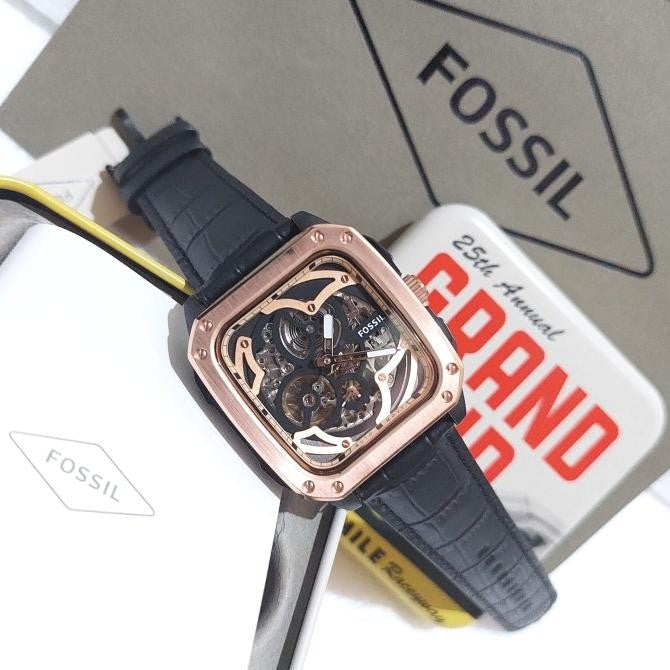 Fossil Inscription Automatic Skeleton Rose Gold Dial Black Leather Strap Watch for Men - BQ2572 Buy Now By Fossil
