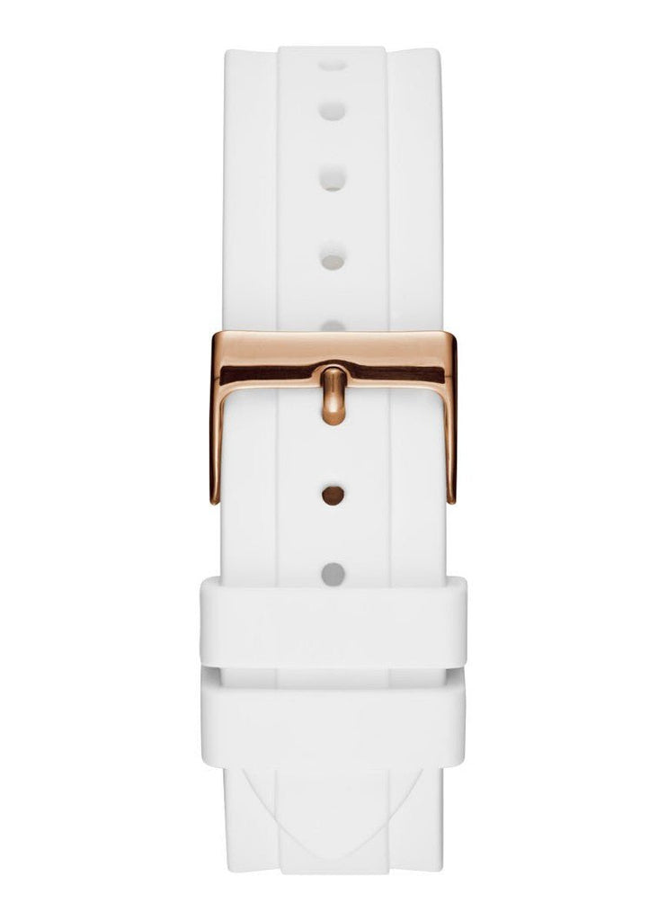 Guess Confetti Crystal Rose Gold Dial White Silicone Strap Watch For Women - W1098L5 Buy Now By Guess