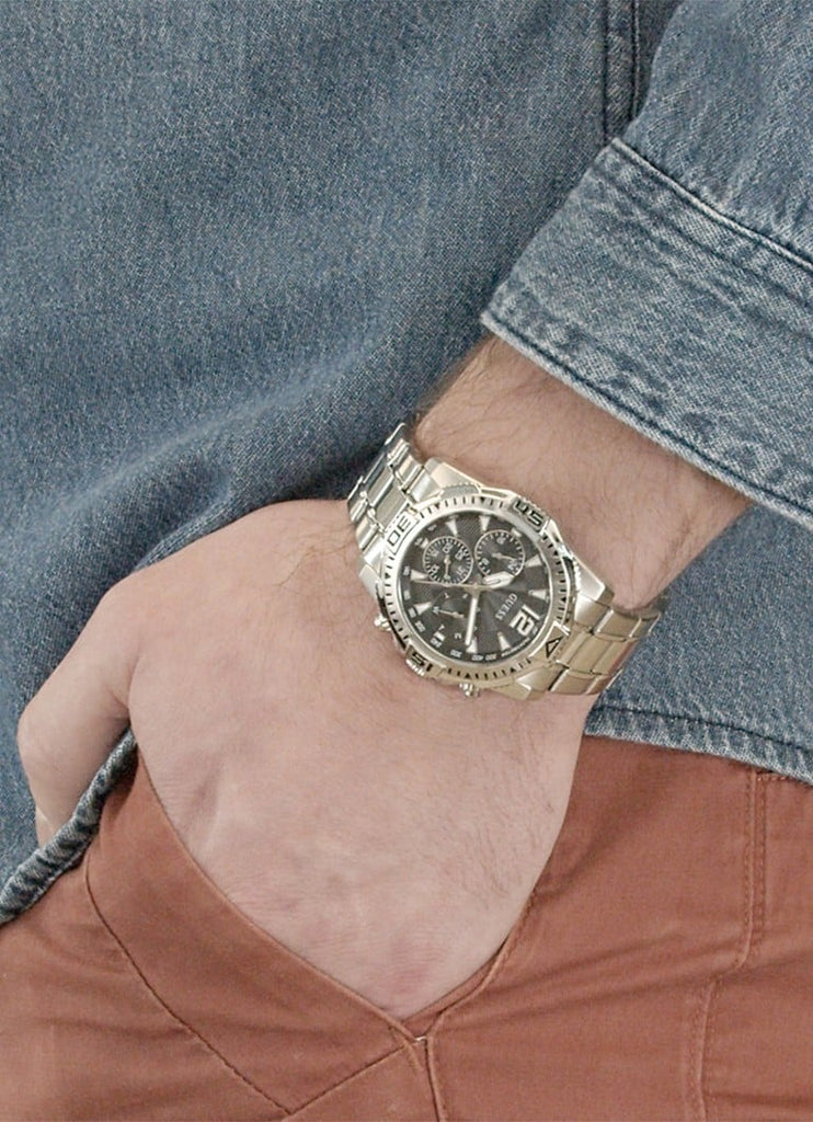 Guess Commander Chronograph Black Dial Silver Steel Strap Watch for Men - GW0056G1 Buy Now By Guess