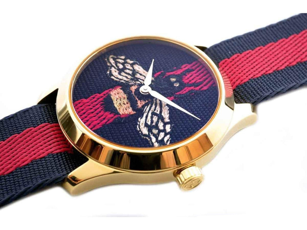 Gucci G Timeless Bee Red & Blue Dial Red Two Tone Nylon Strap Watch For Men - YA1264061 Buy Now By Gucci