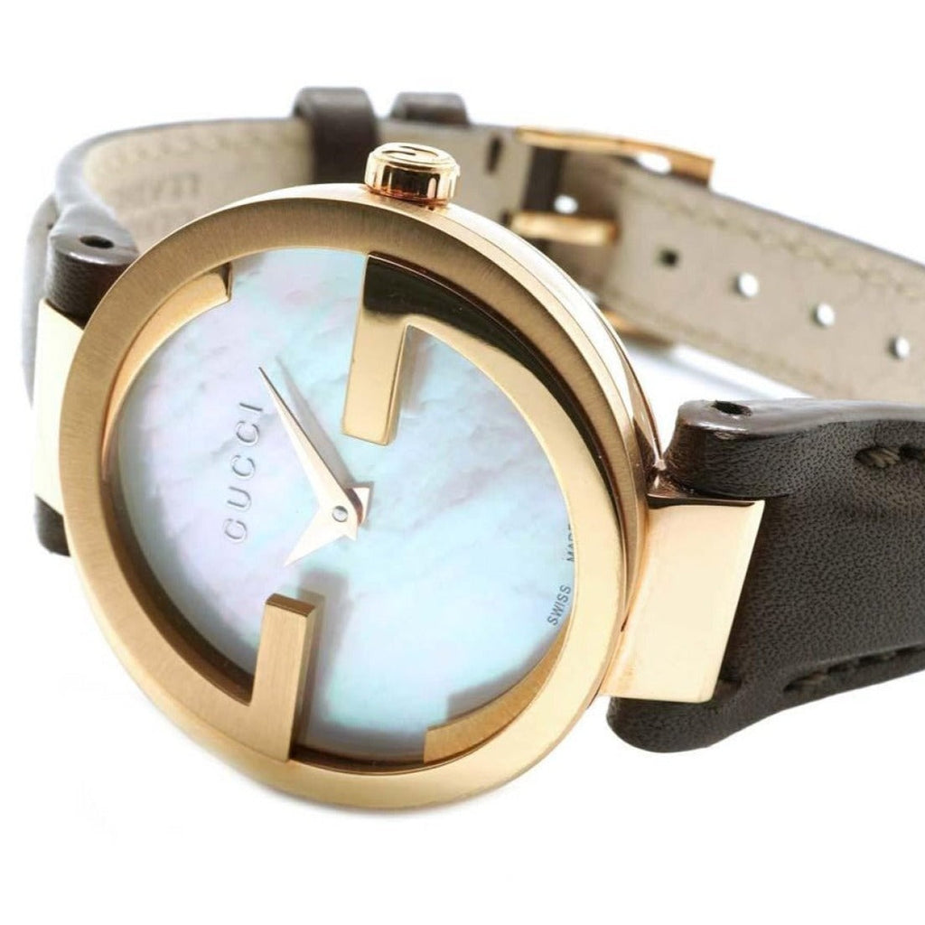Gucci G Interlocking Mother of Pearl Dial Brown Leather Strap Watch For Women - YA133516 Buy Now By Gucci