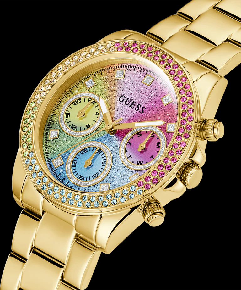 Guess Confetti Chronograph Rainbow Dial Gold Steel Strap Watch For Women - GW0483L4 Buy Now By Guess