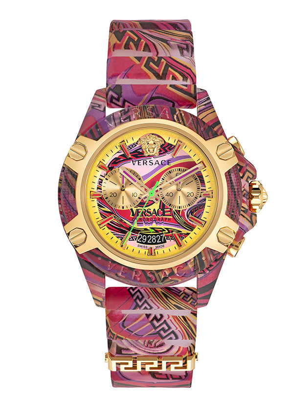 Versace Icon Active Chronograph Quartz Gold Dial Red Leather Strap Watch For Men - VEZ701222 Buy Now By Versace