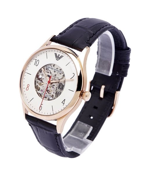 Emporio Armani Meccanico White Skeleton Dial Black Leather Strap Watch For Men - AR1924 Buy Now By Emporio Armani