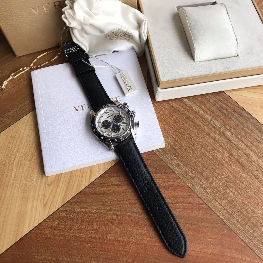 Versace V-Ray Quartz Silver Dial Black Leather Strap Watch for Men - VDB010014 Buy Now By Versace